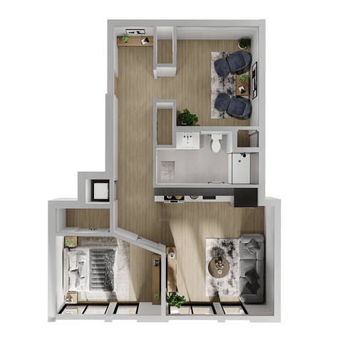 Floor plan for 1 bed, 1 bath, 848 sqft